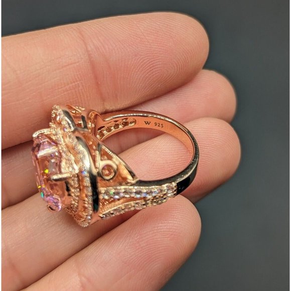 Designer Signed W Sterling Silver 925 Rose Gold Plated Pink Heart Halo Ring Sz 6 - Picture 9 of 12